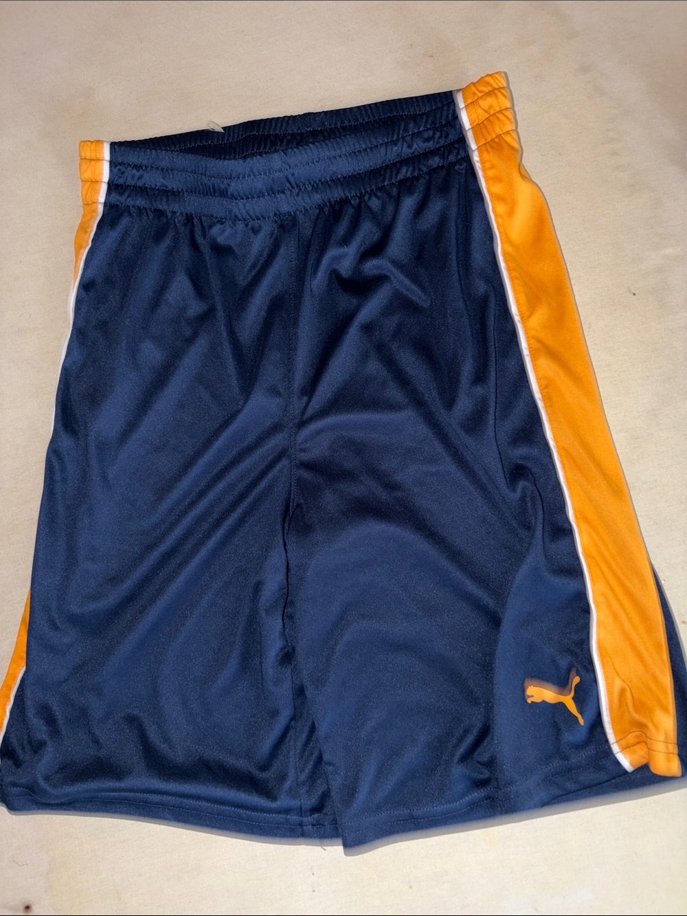 Kids Size L Puma Navy Blue with Orange Side-Panel Athletic Shorts